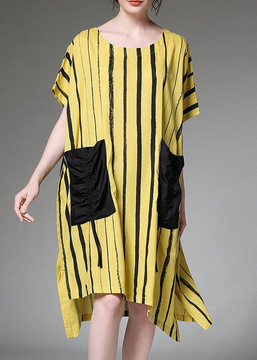 Women linen Plus Size dress Vintage yellow Striped Print Summer Dresses