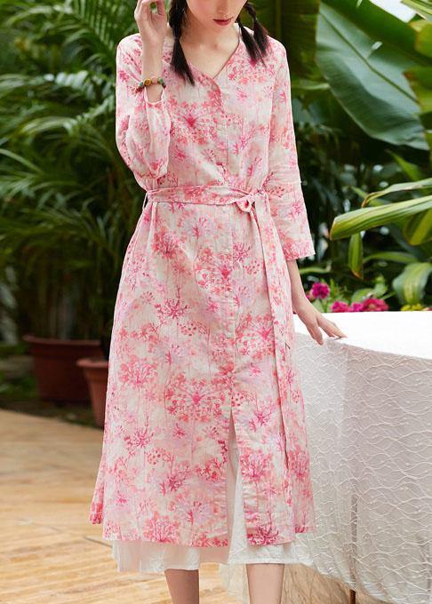 Classy pink print linen clothes v neck tie waist Maxi summer Dress