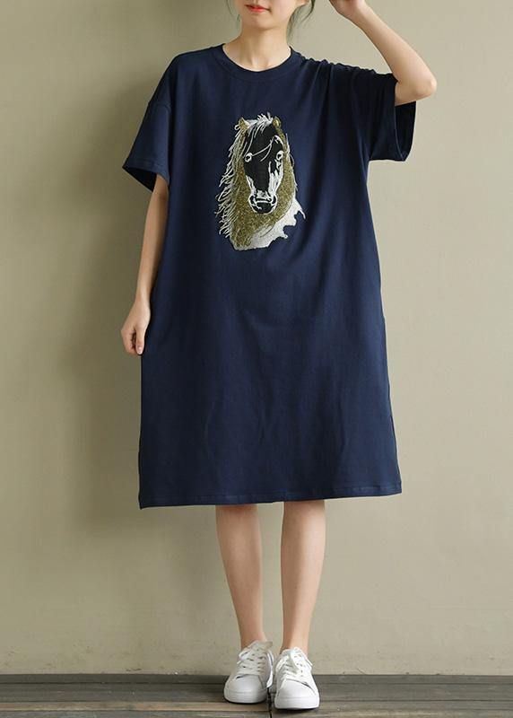 Women navy Cotton outfit o neck embroidery oversized summer Dress