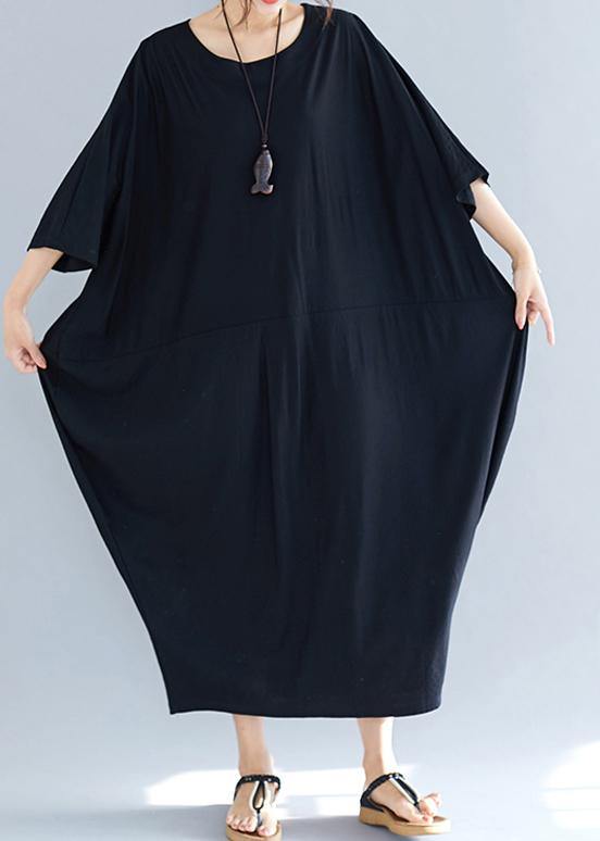 Simple summer Cotton dress o neck loose black Dresses