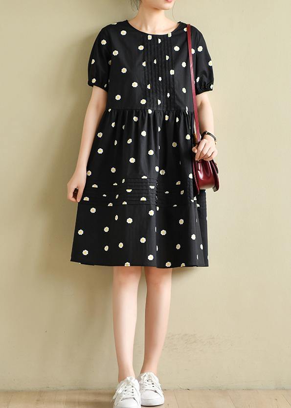 Chic o neck Cinched clothes black daisy print Dresses