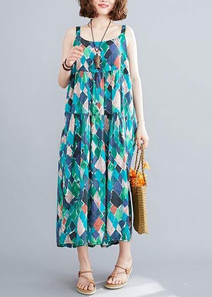 DIY green print cotton linen dress Spaghetti Strap patchwork A Line summer Dress