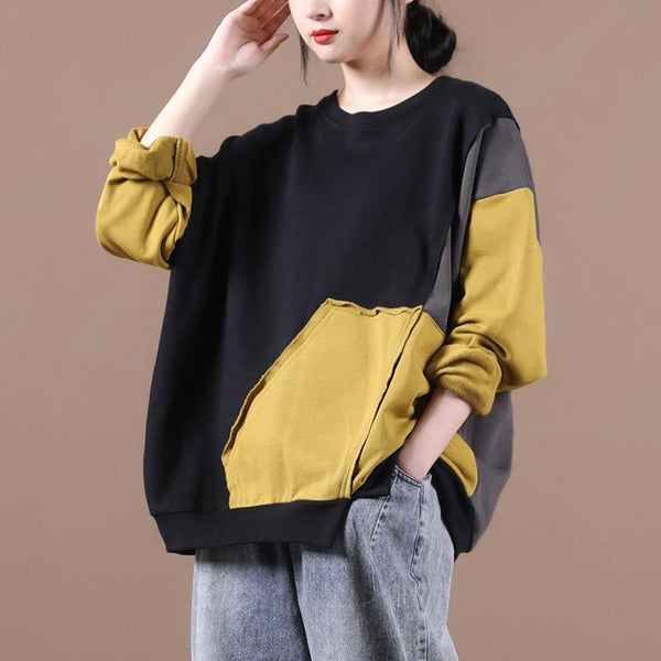 Unique o neck patchwork fall Blouse Fabrics yellow shirts