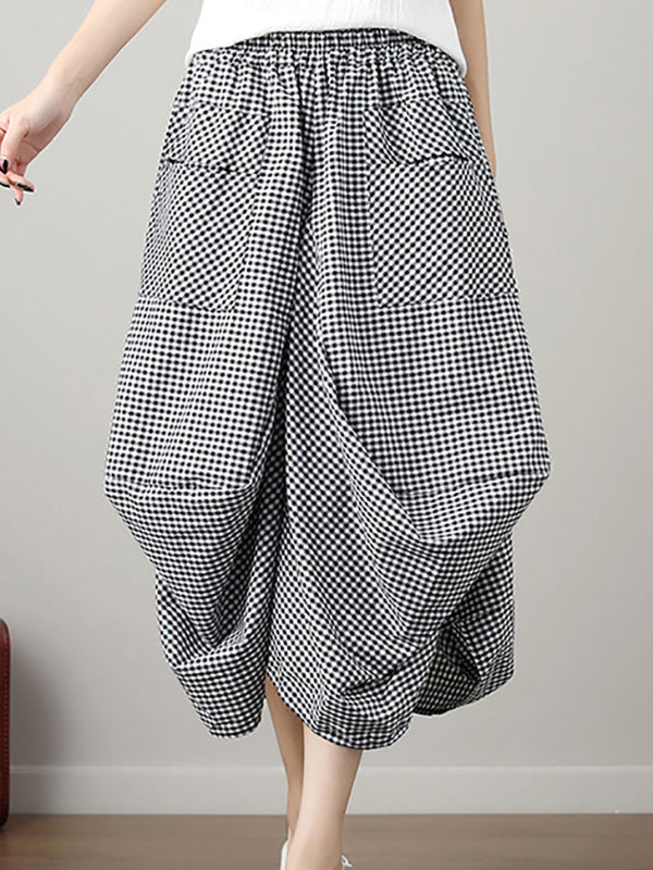 Artistic Retro Ramie Cotton Plaid Loose Irregular Elasticity Skirt