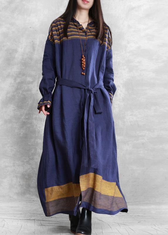 diy stand collar tie waist Plus Size tunic coat blue Midi women coats