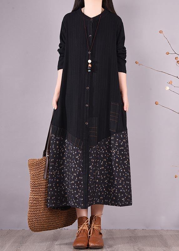 Elegant Black Patchwork Print Tunic O Neck Pockets Maxi Spring Dresses