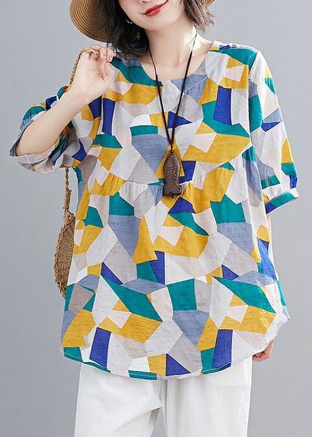 Simple green print linen clothes For Women Shape o neck lantern sleeve summer top