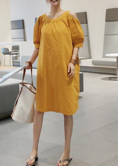 Women o neck pockets cotton linen summer dress Inspiration yellow Dresses