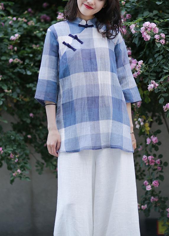 Beautiful stand collar linen top silhouette Sewing blue plaid tops