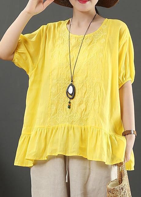 Women yellow embroidery linen tops for women o neck loose shirt