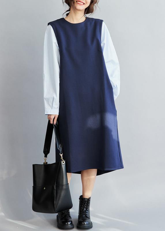 Classy False Two Pieces cotton Spring  Dress For Women Design Blue Dresses
