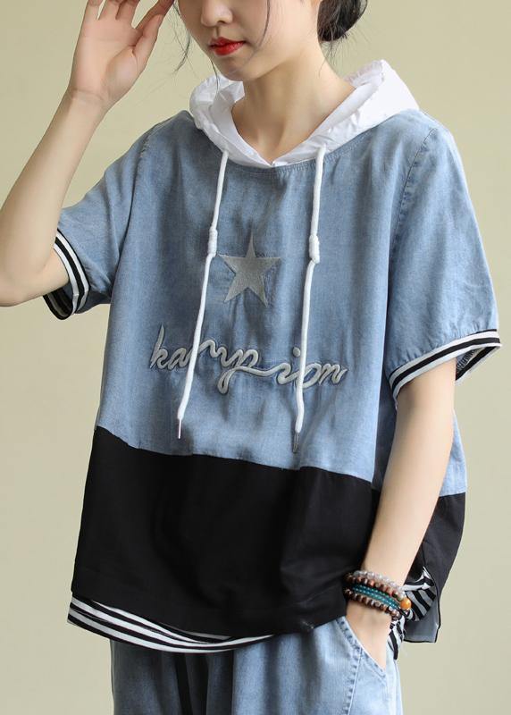 Handmade hooded patchwork cotton blouses for women Shape black tops