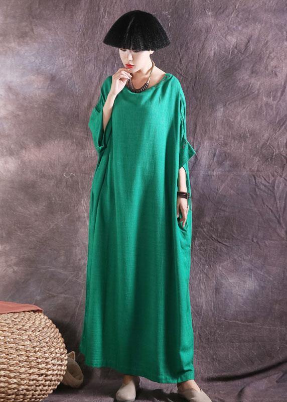 Chic Batwing Sleeve cotton linen dress Tutorials green o neck Dress summer