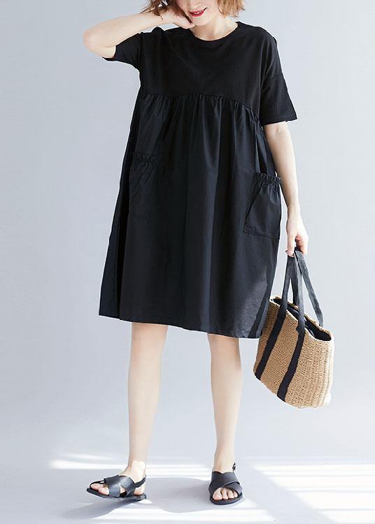 Women black Cotton blended o neck pockets loose summer Dresses