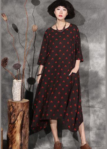 Women black dotted linen outfit bracelet sleeved A Line asymmetric hem Dress