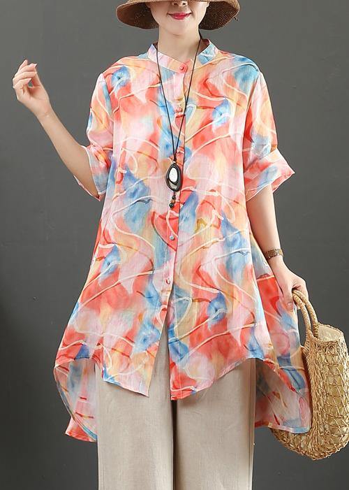 Organic orange print linen tops women stand collar low high design Art tops