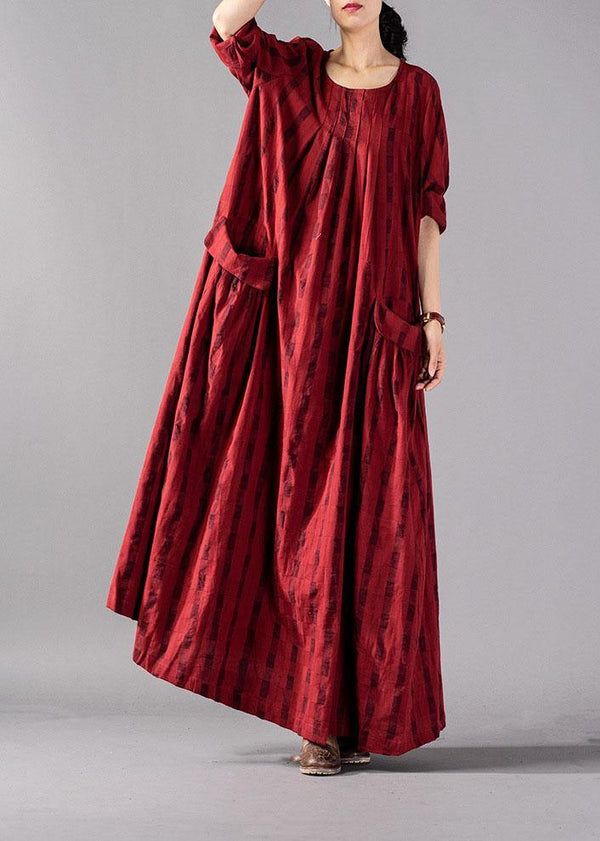 Vivid red Plaid cotton linen Robes o neck pockets Maxi fall Dresses