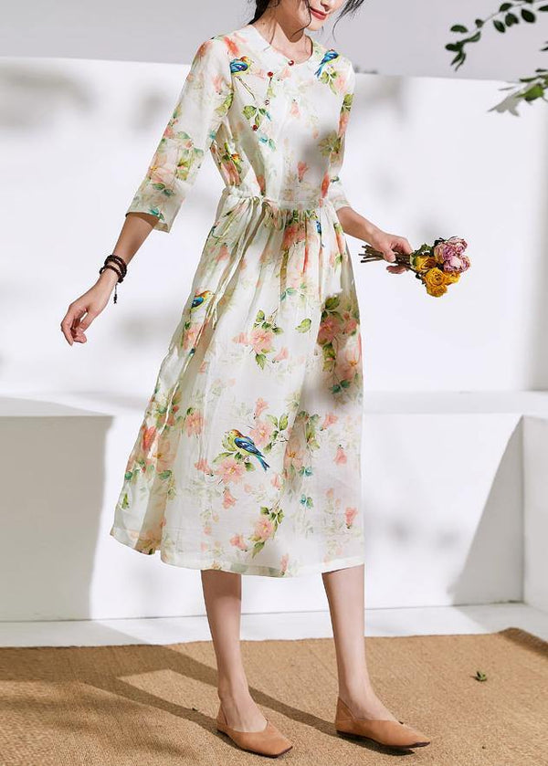 DIY floral linen clothes For Women o neck drawstring cotton Dress