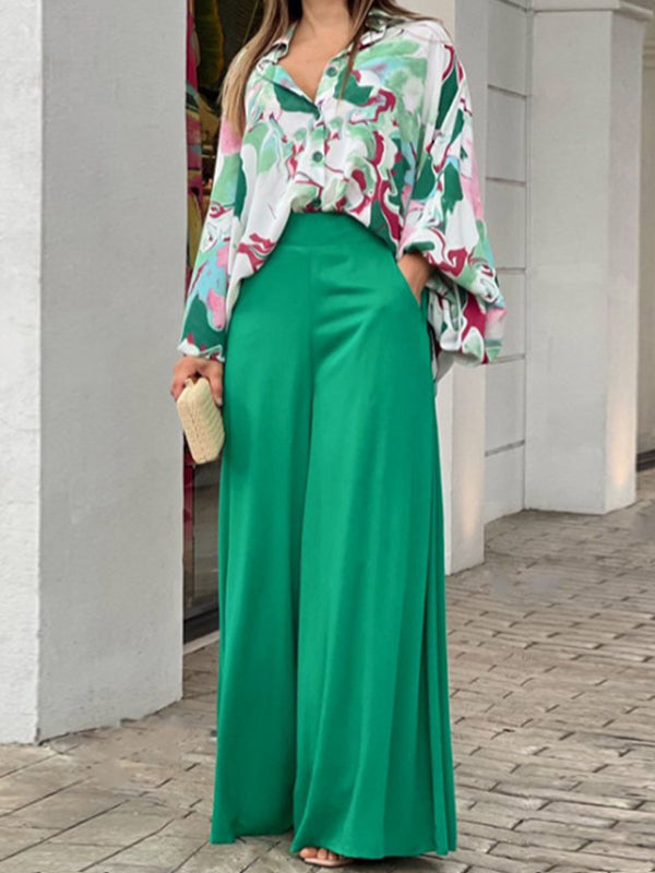 Long Sleeves Floral Printed Blouses + High-Waisted Solid Color Wide Leg Pants Trousers Two Pieces Set