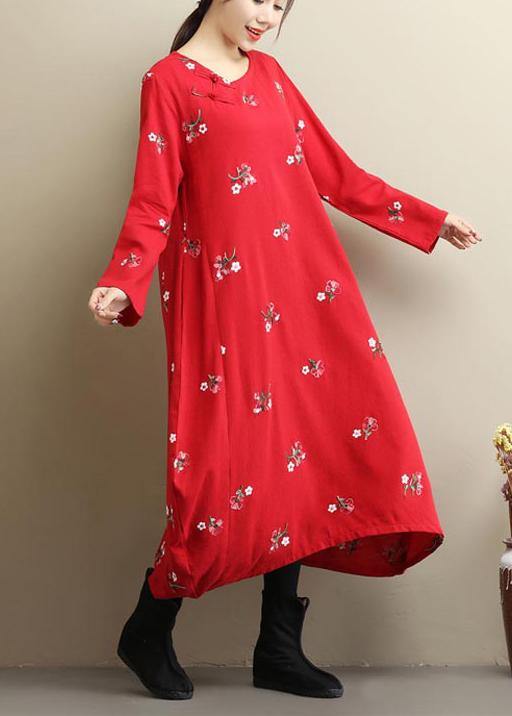 Beautiful Red Embroidery Long Dress O Neck Asymmetric Art Spring Dresses