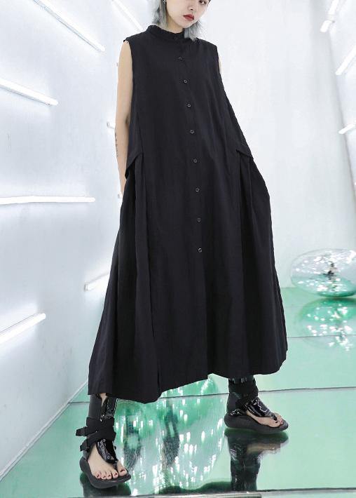 Women stand collar pockets cotton summer dresses Sewing black long Dresses