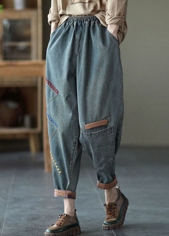 Vintage Blue Elastic Waist Asymmetrical Design Embroidered Cotton Jeans Spring