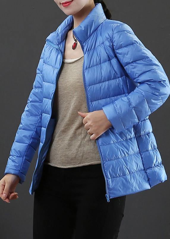 fine plus size winter jacket overcoat light blue stand collar zippered duck down coat