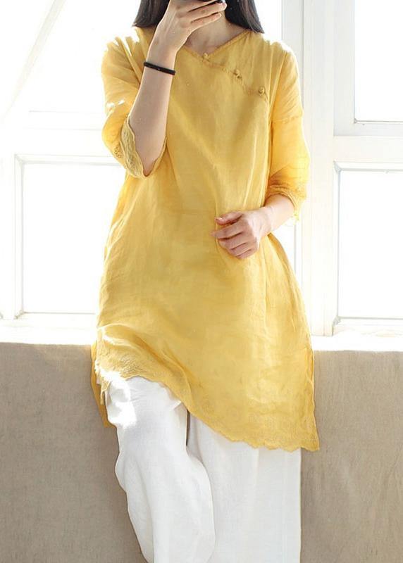 Classy V Neck Half Sleeve Blouses For Women Design Yellow Embroidery Top