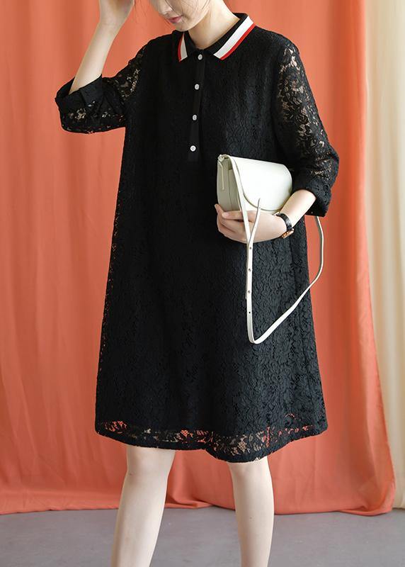 Style black Cotton clothes lapel lace Plus Size fall Dress