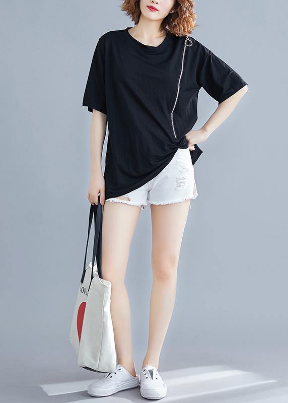 diy o neck zippered cotton Blouse Work black shirt summer