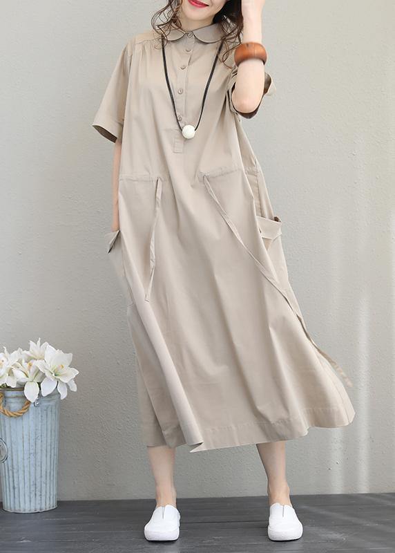 Natural lapel drawstring cotton clothes linen khaki Maxi Dress