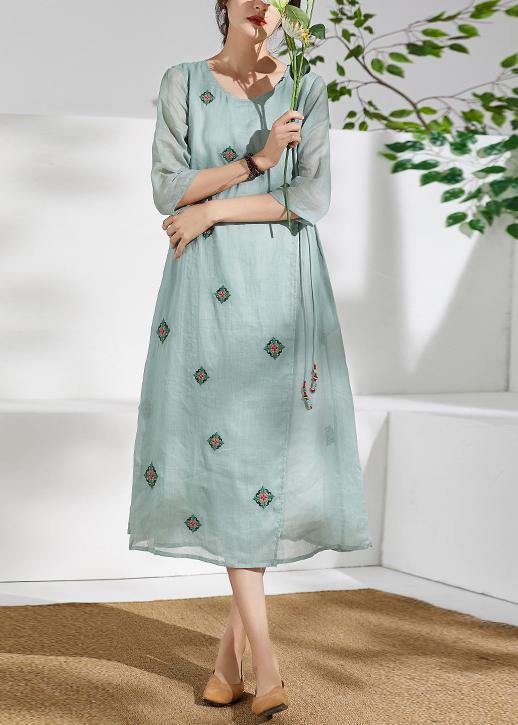 Handmade green linen clothes For Women o neck embroidery long  Dresses