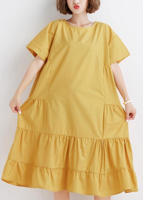 Elegant yellow o neck cotton Tunics ruffles Robe summer Dresses