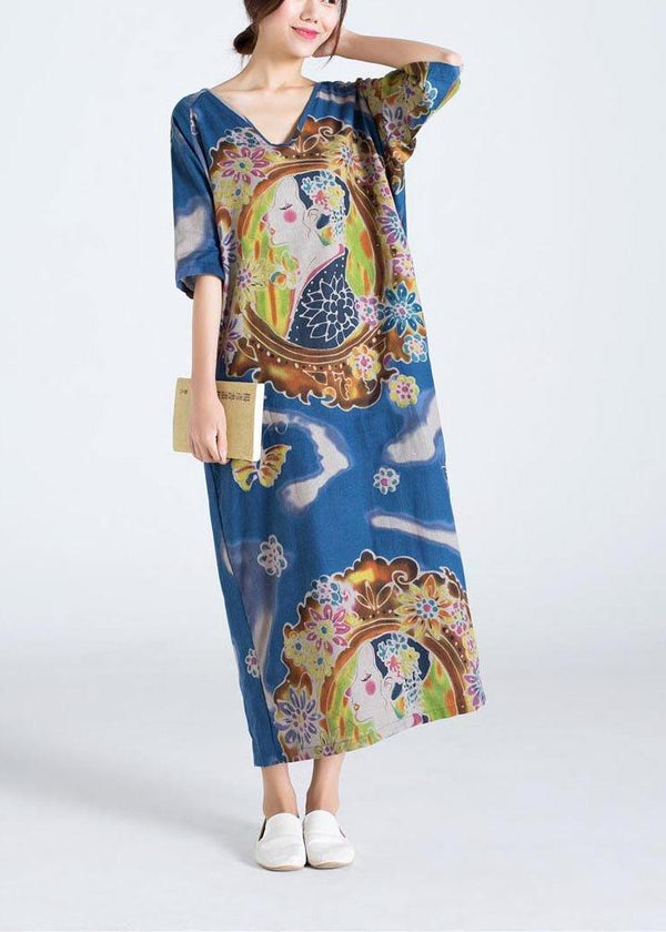 Elegant Blue Character Print Clothes O Neck Long Summer Dress