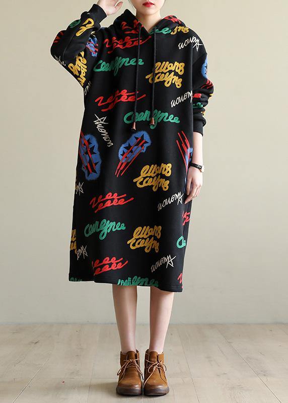 Modern casual cotton hooded Tunics Shirts black print Art Dresses