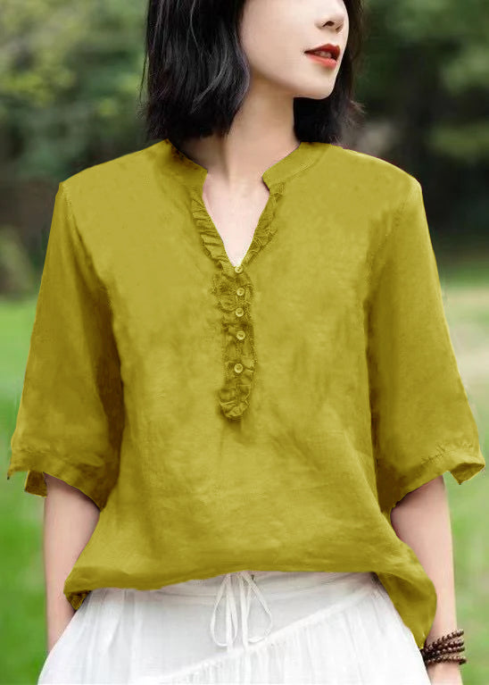 Unique Pure Yellow V Neck Embroidered Patchwork Linen T Shirts Half Sleeve