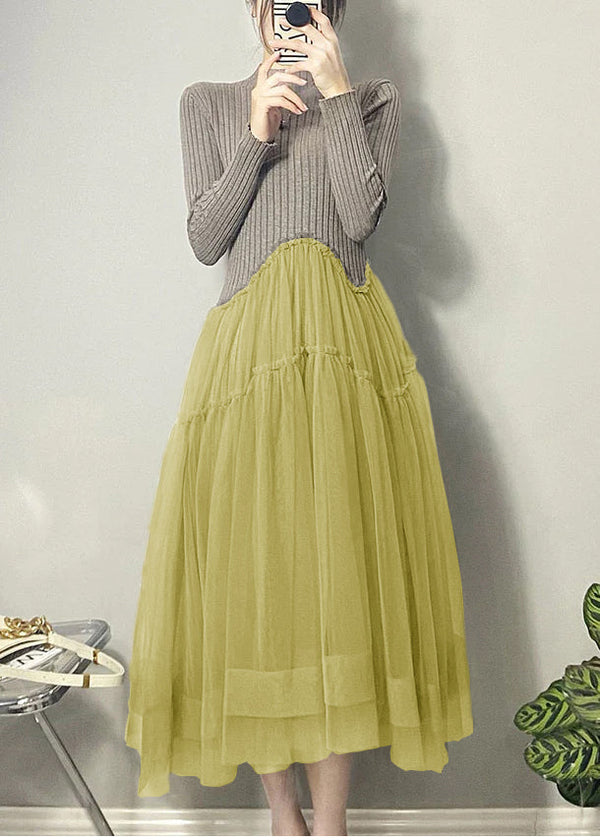 Beautiful Yellow Asymmetrical Tulle Patchwork Long Dresses Fall