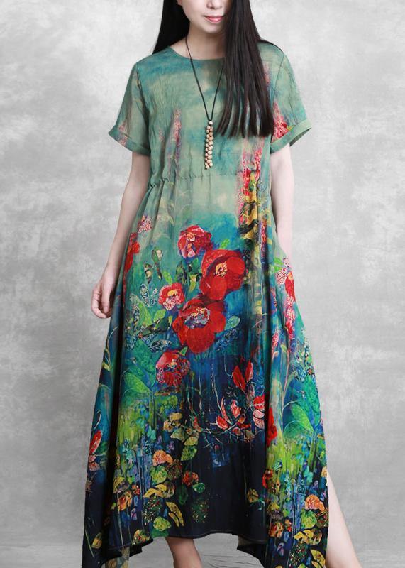 Organic green print dresses o neck tie waist Robe summer Dress