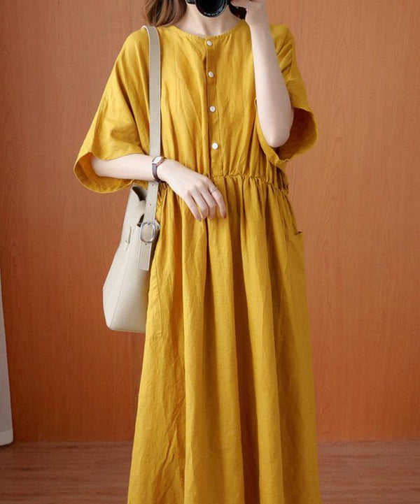 Natural yellow tunics for women o neck Cinched Dresses summer Dress