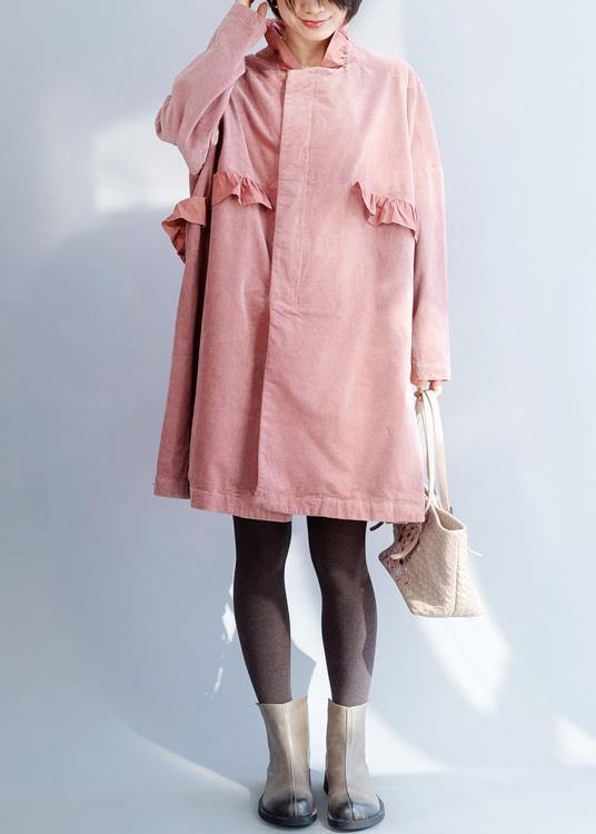 French pink Fashion trench coat Sewing side open ruffles collar jackets