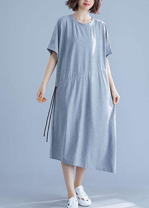 Women gray asymmetric hem cotton box dress Gifts drawstring waist summer dresses