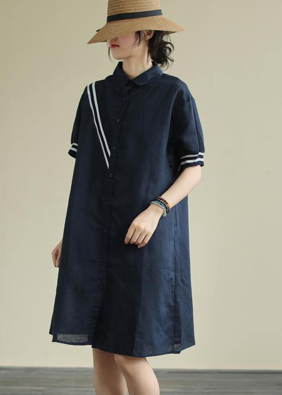 Women lapel Button Down linen summer Robes design navy striped Dresses