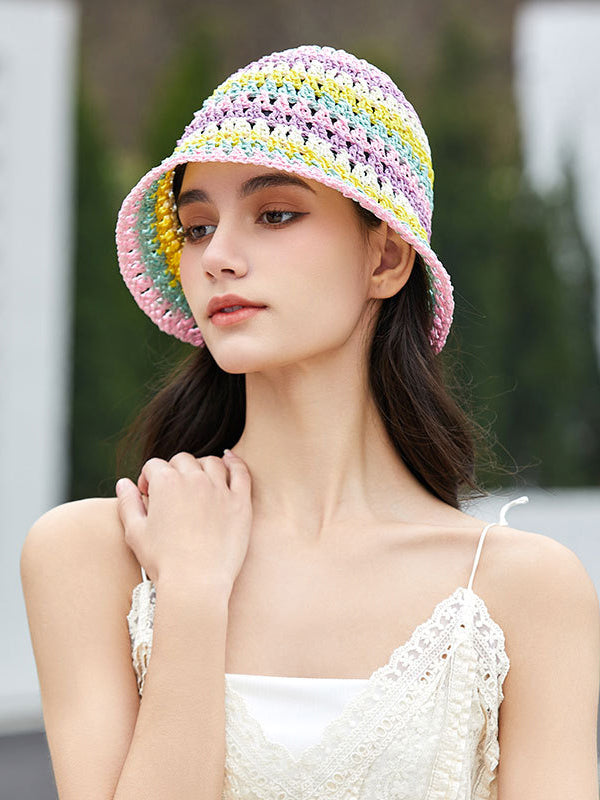 Sun-Protection Contrast Color Hollow Short Brim Woven Fisherman Hat Hats&Caps