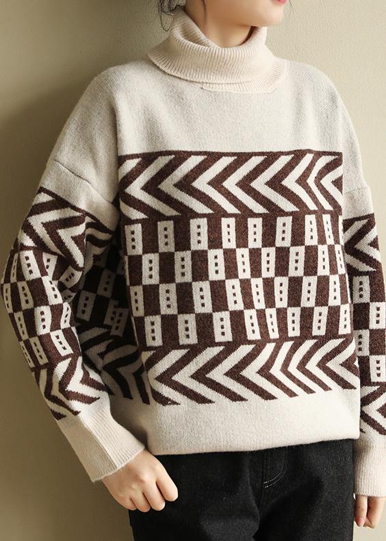 Cute beige knitted pullover patchwork oversized high neck sweaters