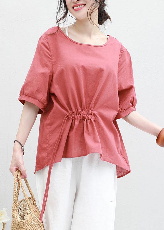 Bohemian half sleeve linen tunic top red drawstring loose top summer