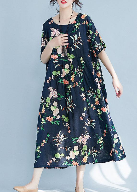 Elegant navy print cotton pattern o neck baggy Maxi Dress