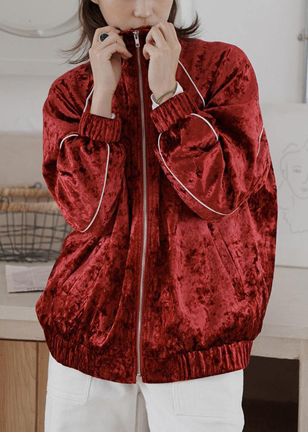 Elegant red Plus Size clothes Outfits zippered fall women coats