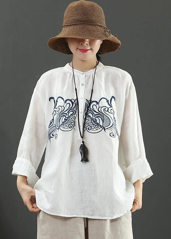 Art White Embroidery Tops Women Stand Collar Daily Spring Top