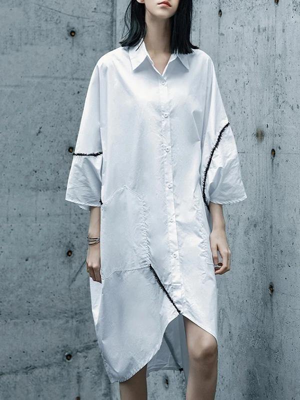 Chic white Cotton tunics for women lapel asymmetric daily shirt Dresses