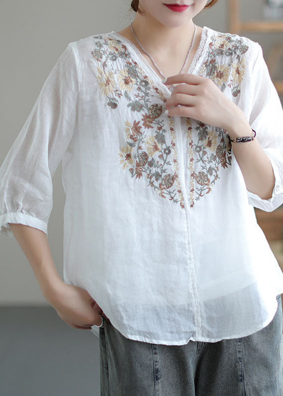 Women White V Neck Embroidered Linen Blouse Tops Half Sleeve